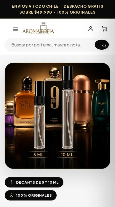 Portada de la tienda online Aromatopia con decants de perfume de 5 y 10 ml (vista en celular)