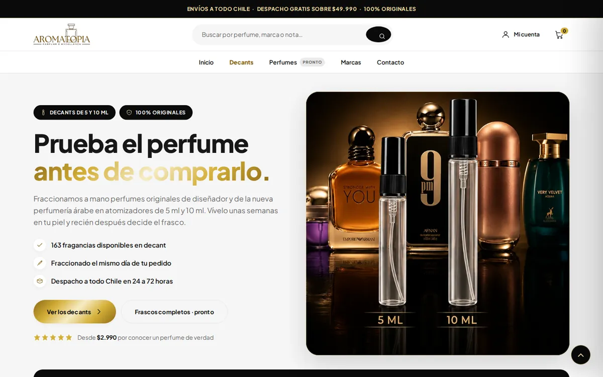 Portada de la tienda online Aromatopia con decants de perfume de 5 y 10 ml