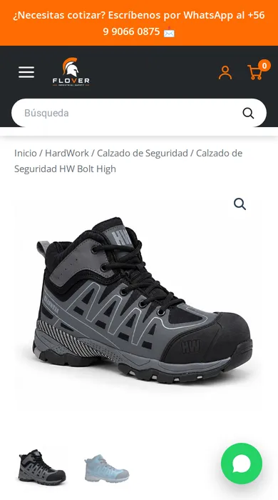 Ficha de un calzado de seguridad en el catálogo de Flover con selector de color y talla (vista en celular)