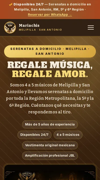Portada del sitio de Mariachis de Melipilla con el asistente de reserva abierto (vista en celular)