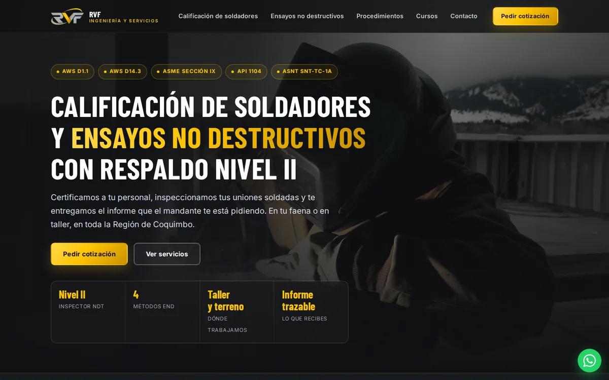 Portada del sitio de RVF Ingeniería con sus servicios de calificación de soldadores y ensayos no destructivos
