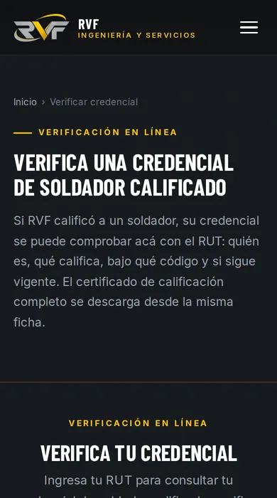Página del verificador de credenciales de soldador de RVF Ingeniería, con el campo para ingresar el RUT (vista en celular)