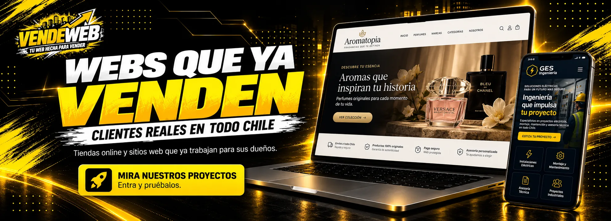 VENDEWEB · Webs que ya venden: proyectos reales de clientes en todo Chile, como Aromatopia y GES Ingeniería