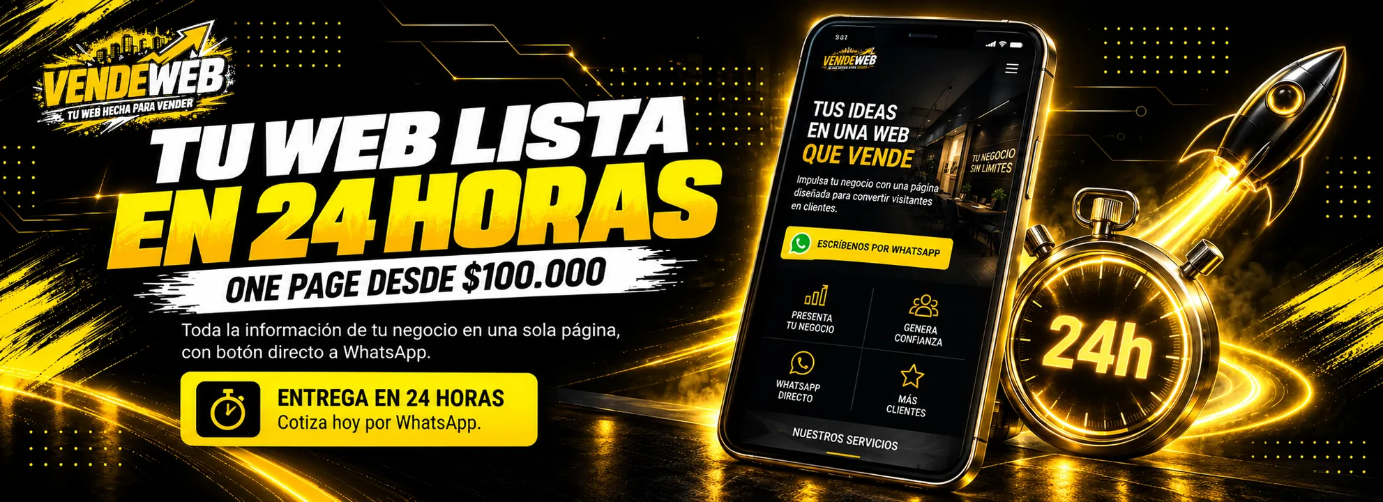 VENDEWEB · Tu web lista en 24 horas: one page informativa desde $100.000 con botón directo a WhatsApp