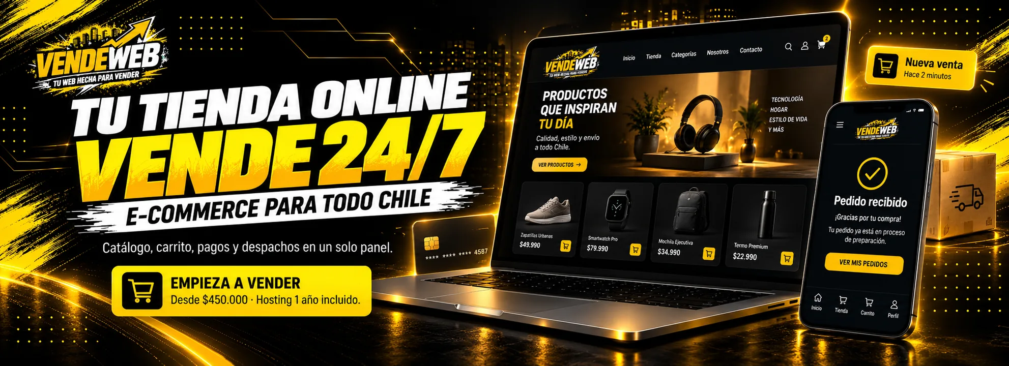 VENDEWEB · Tu tienda online vende 24/7: e-commerce para todo Chile desde $450.000 con hosting 1 año incluido